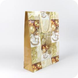 Poche cadeau aspect "Noël" avec Boules et cheval à bascule, 25 x 34,5 x 8,5 cm, dorée 