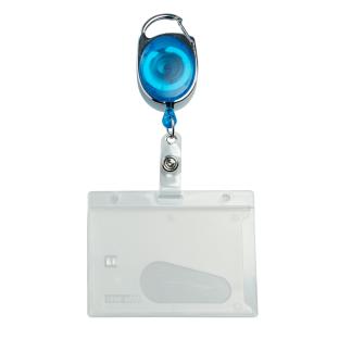 Pochette porte-badge en plastique dur avec porte-clés extensible bleu | avec encoche pour le pouce, mat