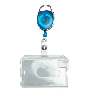 Pochette porte-badge en plastique dur avec porte-clés extensible bleu | avec encoche pour le pouce, brillant
