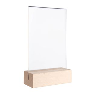Présentoir de table MODUL, pochette en verre acrylique avec pied en bois A6  | Hêtre  | socle en bois avec fente d'insertion droite 