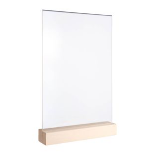 Présentoir de table MODUL, pochette en verre acrylique avec pied en bois A4  | Hêtre  | socle en bois avec fente d'insertion droite 