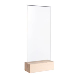 Présentoir de table MODUL, pochette en verre acrylique avec pied en bois 1/3 A4  | Hêtre  | socle en bois avec fente d'insertion droite 