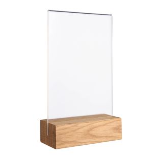 Présentoir de table MODUL, pochette en verre acrylique avec pied en bois A6  | Chêne  | socle en bois avec fente d'insertion droite 