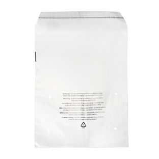 Sachet à patte adhésive avec avertissement imprimé, refermable, film PCR, transparent 