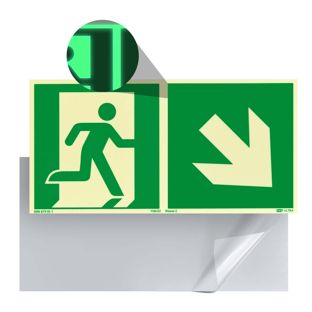 Panneau Issue de secours, photoluminescent, plastique, ISO 7010 à droite/en bas 