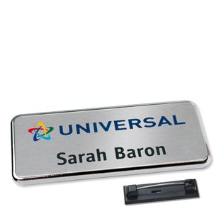 Badge nominatif Icon® « alu-complete » chrome  | Epingle en acier inoxydable 