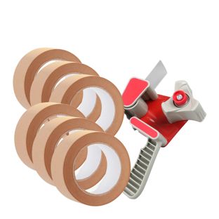 Distributeur de ruban adhésif et 6 rouleaux de ruban d'emballage en papier, marron 