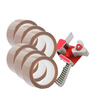 Distributeur de ruban d'emballage et 6 rouleaux de ruban d'emballage, marron 