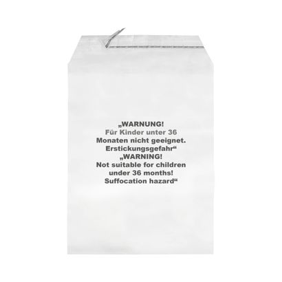 Sachets à rabat adhésif avec avertissement imprimé, refermable, film PP, transparent 