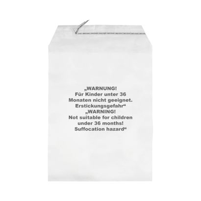 Sachets à rabat adhésif avec avertissement imprimé, refermable, film PP, transparent 215 x 310 mm