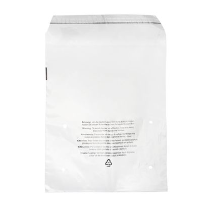 Sachet à patte adhésive avec avertissement imprimé, refermable, film PCR, transparent 250 x 300 mm
