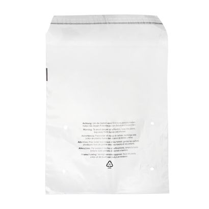 Sachet à patte adhésive avec avertissement imprimé, refermable, film PCR, transparent 350 x 430 mm