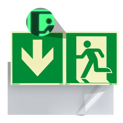 Panneau Issue de secours, photoluminescent, plastique, ISO 7010 en bas 