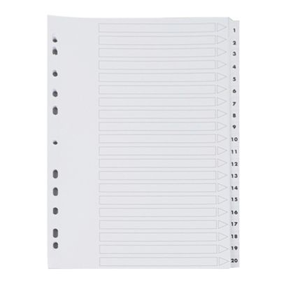 Intercalaires A4, imprimé à double face, chiffres 1-20, 11 trous, carton, blanc 