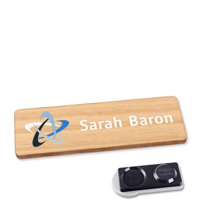 Badge nominatif en bois, timberline® "complete-print 76,3 x 25 mm | Aimant smag®, extra fort