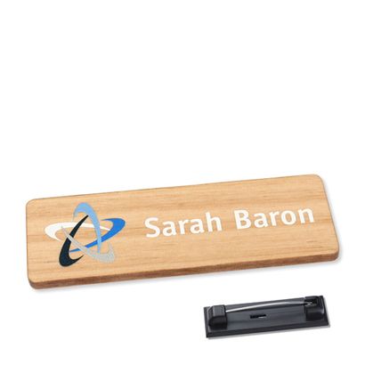 Badge nominatif en bois, timberline® "complete-print 76,3 x 25 mm | Epingle en acier inoxydable