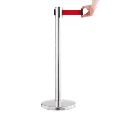 Poteau de balisage chromé, sangle rouge 